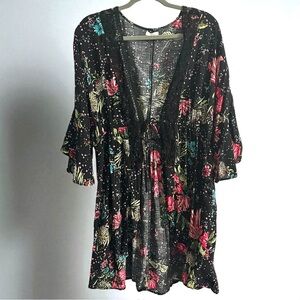 Maurices Black Floral Kimono Robe